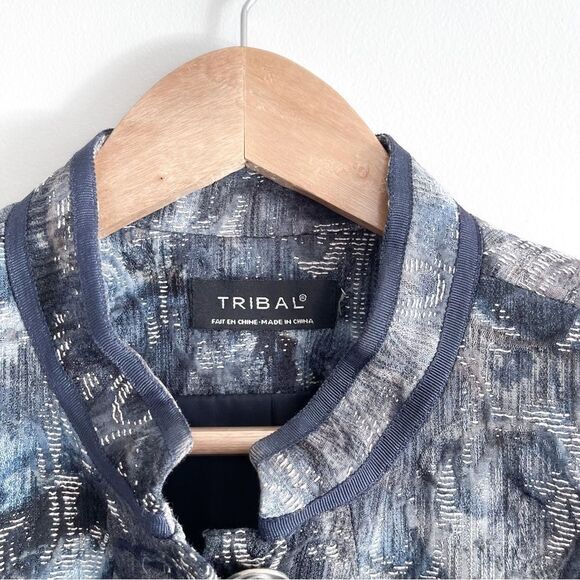 Tribal Jacket Mandarin Collar Black Blue Button Up Women's 10 Career Blazer - Picture 4 of 9